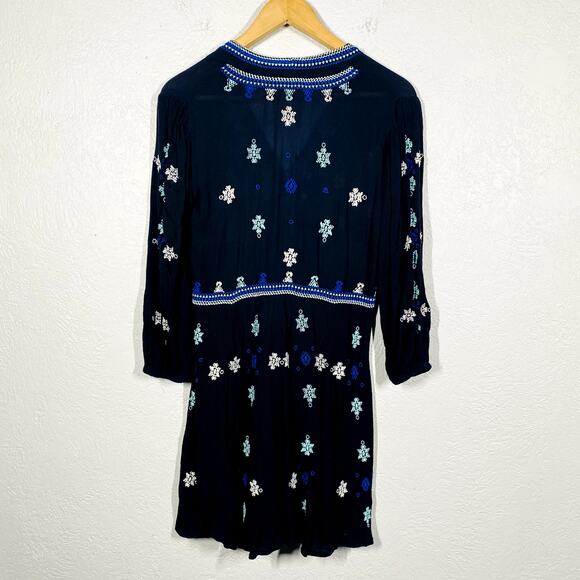 Free People Peasant Dress Embroidered Black Long Sleeve Ornament Snow - XS - Picture 3 of 4
